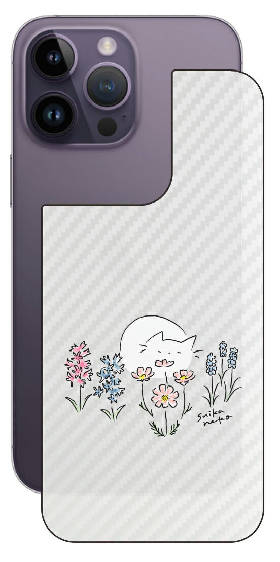 iPhone 14 pro Max用 【コラボ プリント Design by すいかねこ 003 】 カーボン調 背面 保護 フィルム 日本製