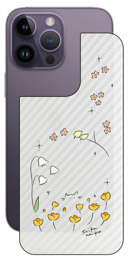 iPhone 14 pro Max用 【コラボ プリント Design by すいかねこ 009 】 カーボン調 背面 保護 フィルム 日本製