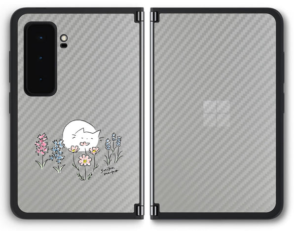 【背面左右2ヶ所 】 Surface Duo 2用 【コラボ プリント Design by すいかねこ 003 】 カーボン調 背面 保護 フィルム 日本製