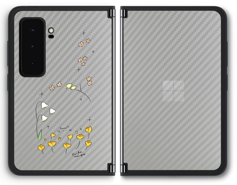 【背面左右2ヶ所 】 Surface Duo 2用 【コラボ プリント Design by すいかねこ 009 】 カーボン調 背面 保護 ...