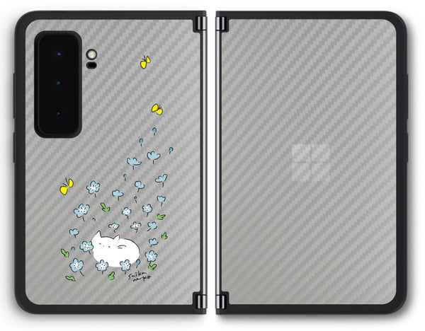 【背面左右2ヶ所 】 Surface Duo 2用 【コラボ プリント Design by すいかねこ 010 】 カーボン調 背面 保護 フィルム 日本製