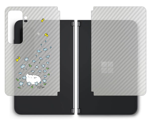 【背面左右2ヶ所 】 Surface Duo 2用 【コラボ プリント Design by すいかねこ 010 】 カーボン調 背面 保護 フィルム 日本製
