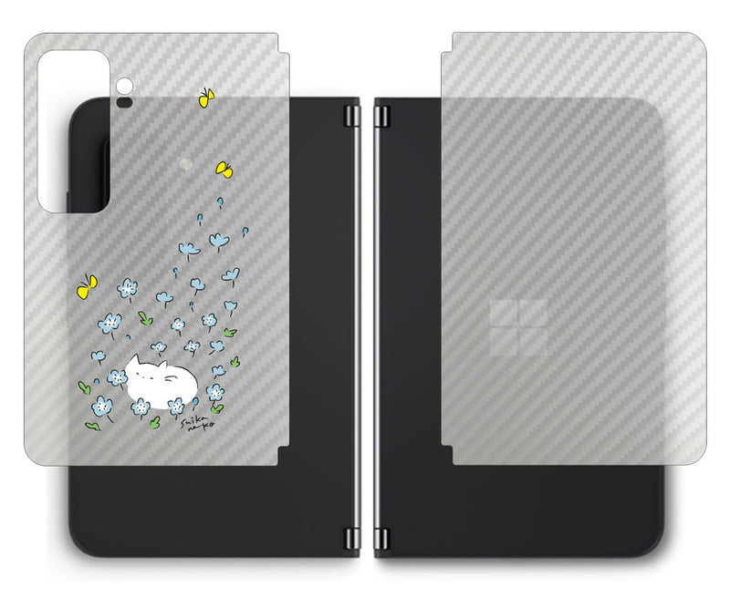【背面左右2ヶ所 】 Surface Duo 2用 【コラボ プリント Design by すいかねこ 010 】 カーボン調 背面 保護 フィルム 日本製