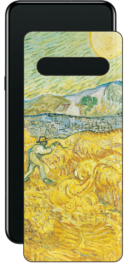 LG V60 ThinQ 5G用 背面 保護 フィルム 名画 プリント ゴッホ サンポール病院の後ろの小麦畑と刈り取り機（ フィンセント ファン ゴッホ Vincent Willem van Gogh ）