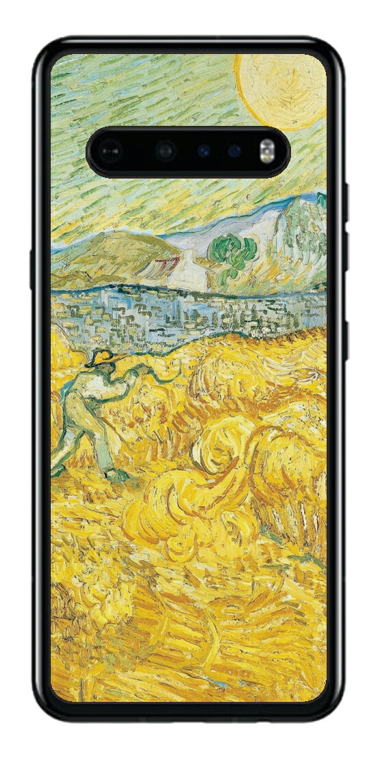 LG V60 ThinQ 5G用 背面 保護 フィルム 名画 プリント ゴッホ サンポール病院の後ろの小麦畑と刈り取り機（ フィンセント ファン ゴッホ Vincent Willem van Gogh ）