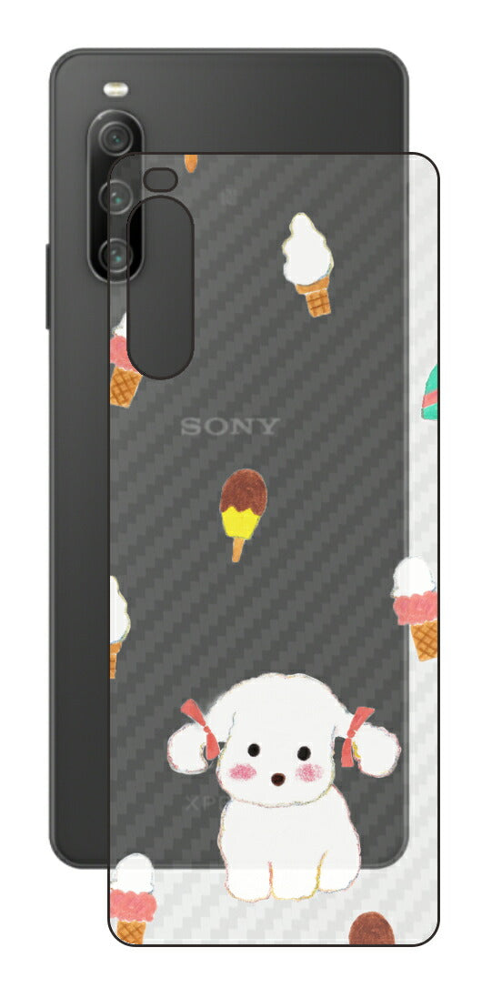 Sony Xperia 10 IV用 【コラボ プリント Design by よこお さとみ 002】 カーボン調 背面 保護 フィルム 日本製