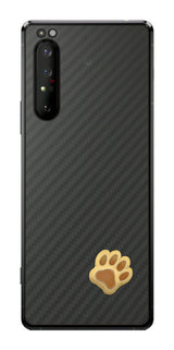 Sony Xperia 1 II用 カーボン調 肉球 イラスト プリント 背面保護フィルム 日本製 [なんちゃって ぷくぷく イエロー/ブラウン]