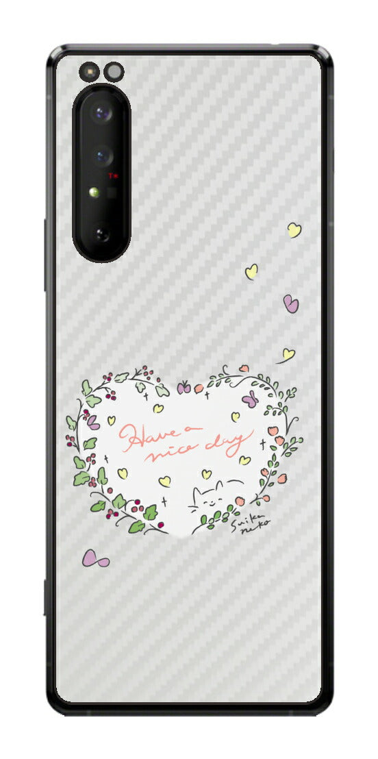 Sony Xperia 1 II用 【コラボ プリント Design by すいかねこ 007 】 カーボン調 背面 保護 フィルム 日本製