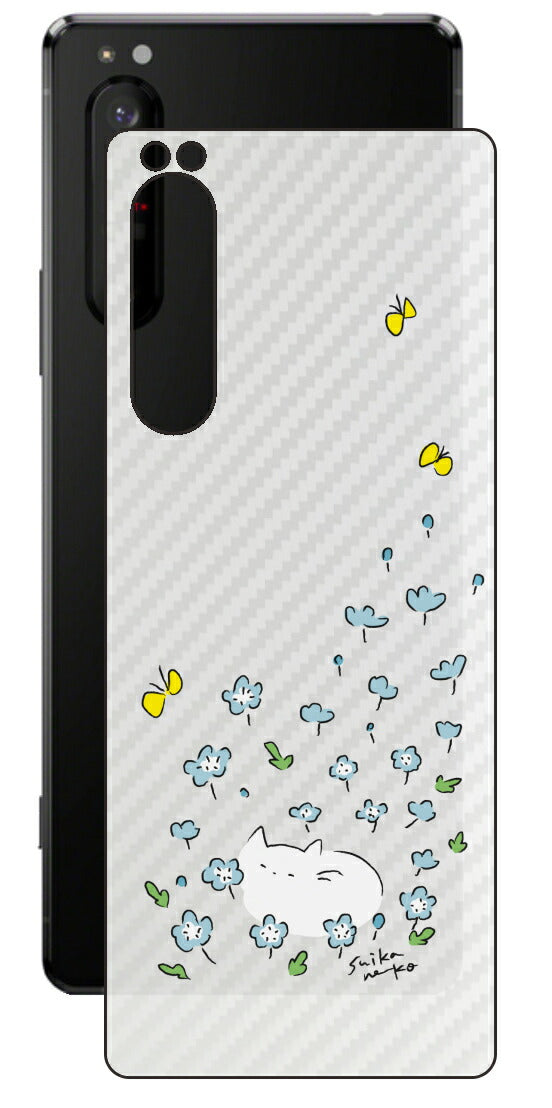 Sony Xperia 1 II用 【コラボ プリント Design by すいかねこ 010 】 カーボン調 背面 保護 フィルム 日本製