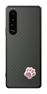 Sony Xperia 1 III用 カーボン調 肉球 イラスト プリント 背面保護フィルム 日本製 [なんちゃって ぷくぷく ホワイト/ピンク]