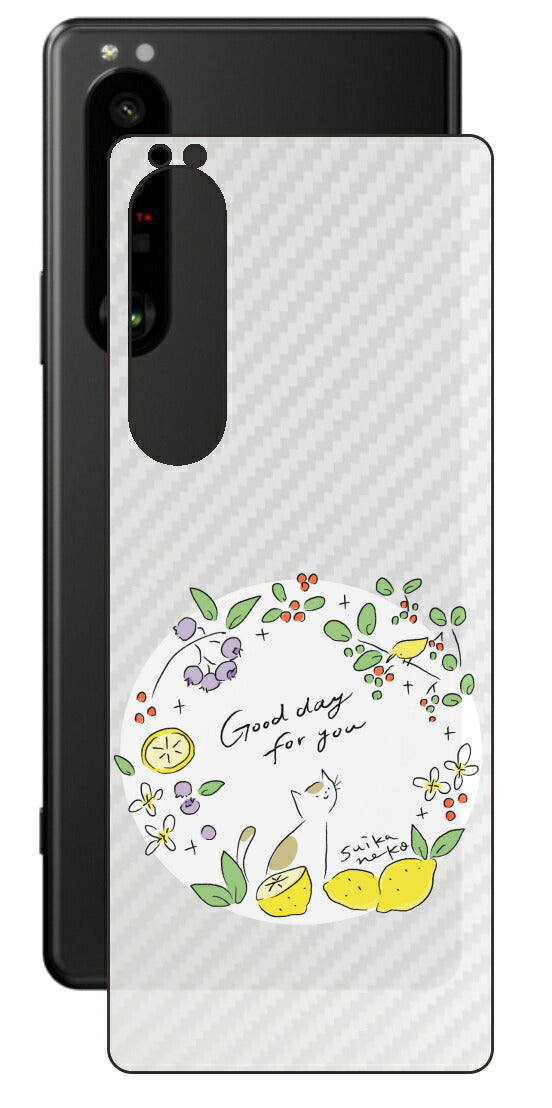 Sony Xperia 1 III用 【コラボ プリント Design by すいかねこ 002 】 カーボン調 背面 保護 フィルム 日本製