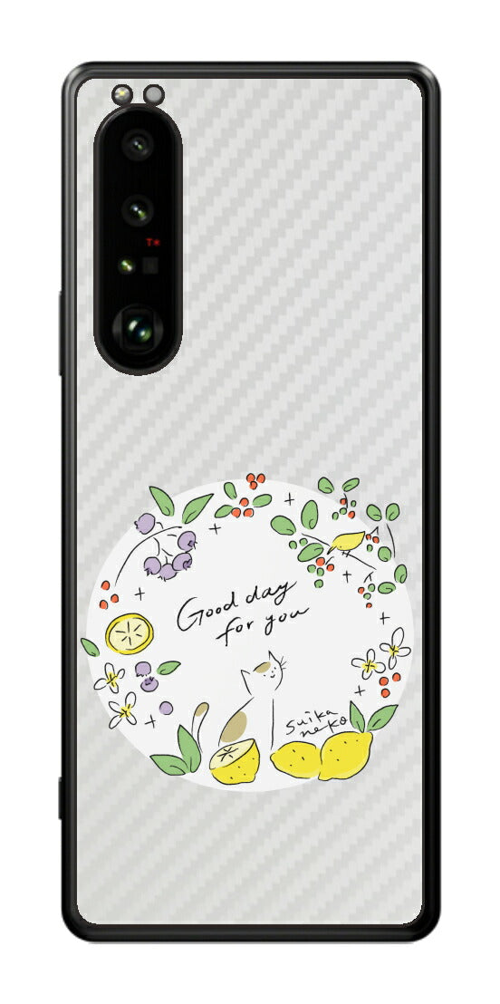 Sony Xperia 1 III用 【コラボ プリント Design by すいかねこ 002 】 カーボン調 背面 保護 フィルム 日本製