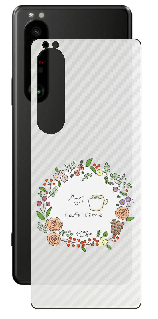 Sony Xperia 1 III用 【コラボ プリント Design by すいかねこ 008 】 カーボン調 背面 保護 フィルム 日本製