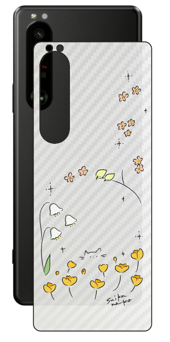 Sony Xperia 1 III用 【コラボ プリント Design by すいかねこ 009 】 カーボン調 背面 保護 フィルム 日本製