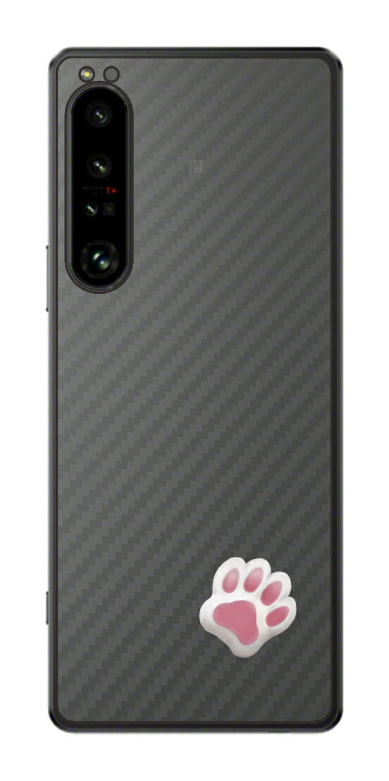 Sony Xperia 1 IV用 カーボン調 肉球 イラスト プリント 背面保護フィルム 日本製 [なんちゃって ぷくぷく ホワイト/ピンク]