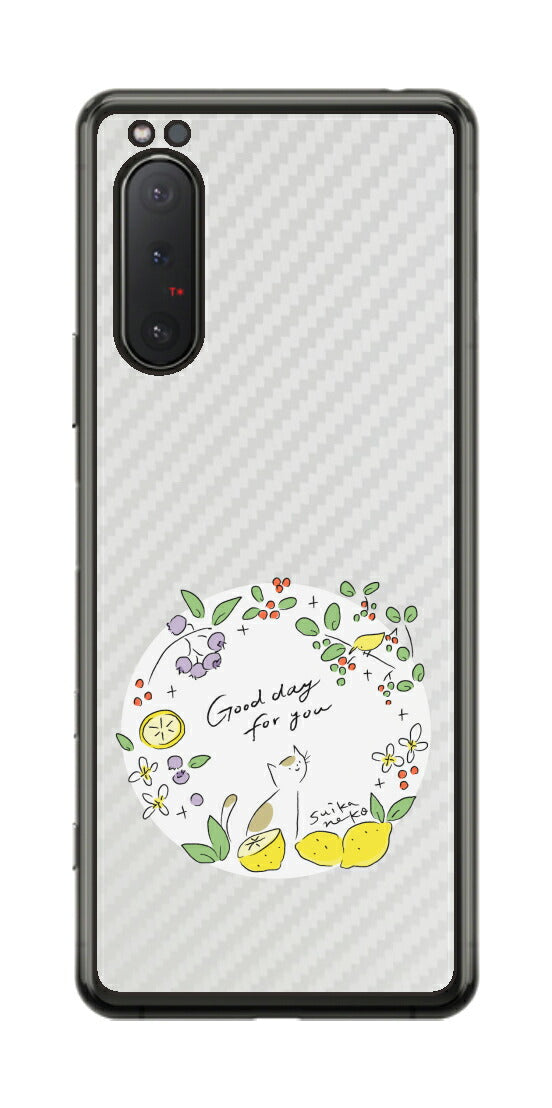 Sony Xperia 5 II用 【コラボ プリント Design by すいかねこ 002 】 カーボン調 背面 保護 フィルム 日本製