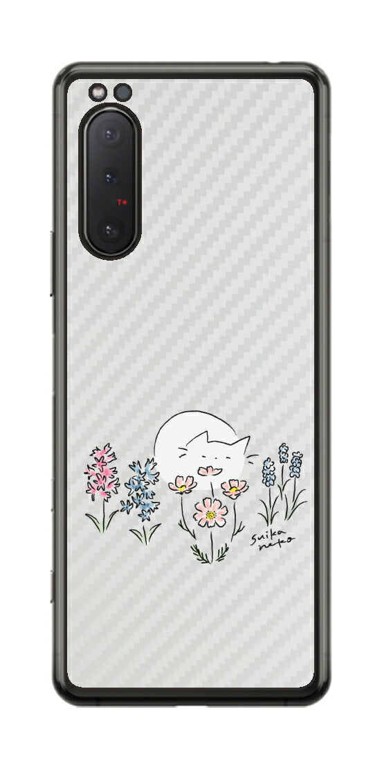 Sony Xperia 5 II用 【コラボ プリント Design by すいかねこ 003 】 カーボン調 背面 保護 フィルム 日本製