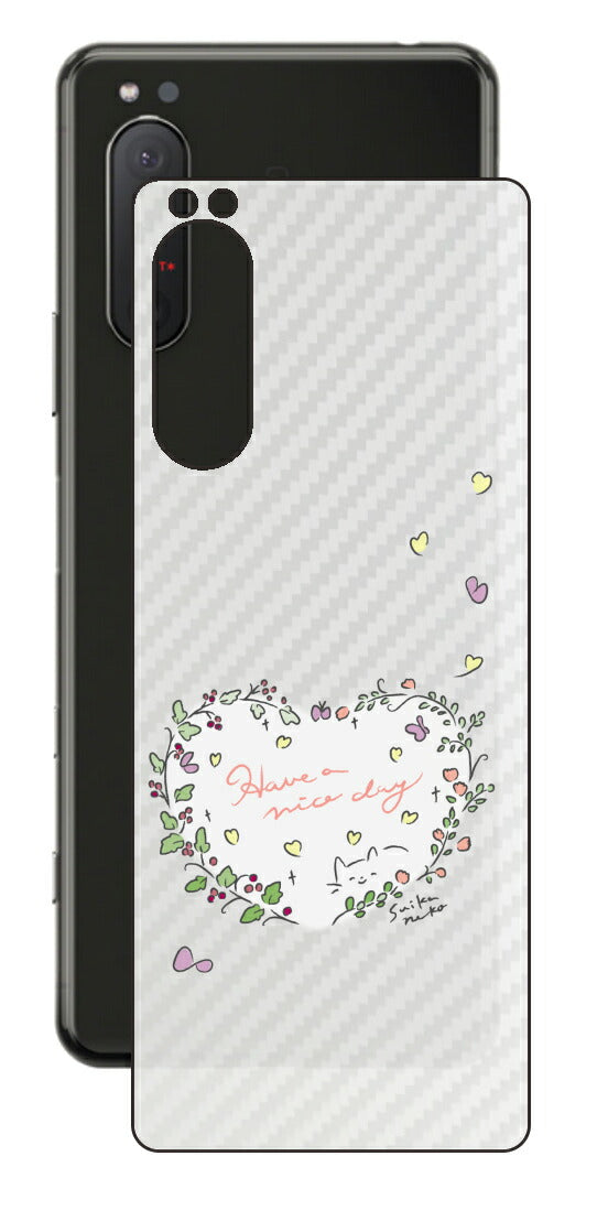 Sony Xperia 5 II用 【コラボ プリント Design by すいかねこ 007 】 カーボン調 背面 保護 フィルム 日本製