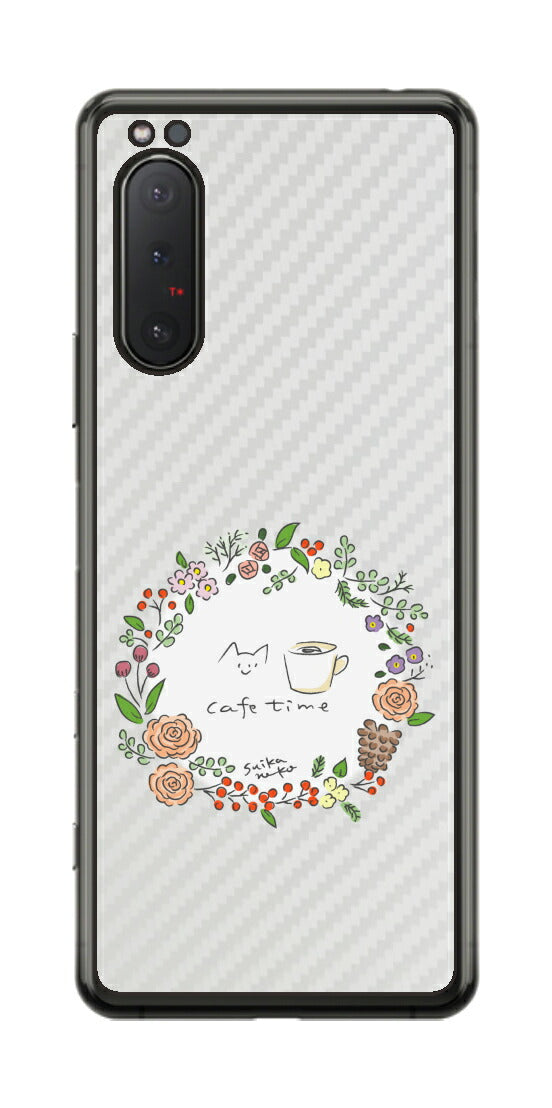 Sony Xperia 5 II用 【コラボ プリント Design by すいかねこ 008 】 カーボン調 背面 保護 フィルム 日本製