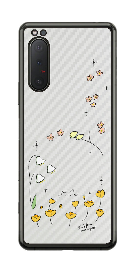 Sony Xperia 5 II用 【コラボ プリント Design by すいかねこ 009 】 カーボン調 背面 保護 フィルム 日本製