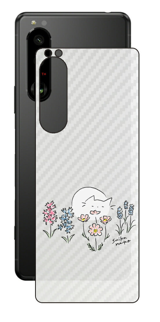 Sony Xperia 5 III用 【コラボ プリント Design by すいかねこ 003 】 カーボン調 背面 保護 フィルム 日本製