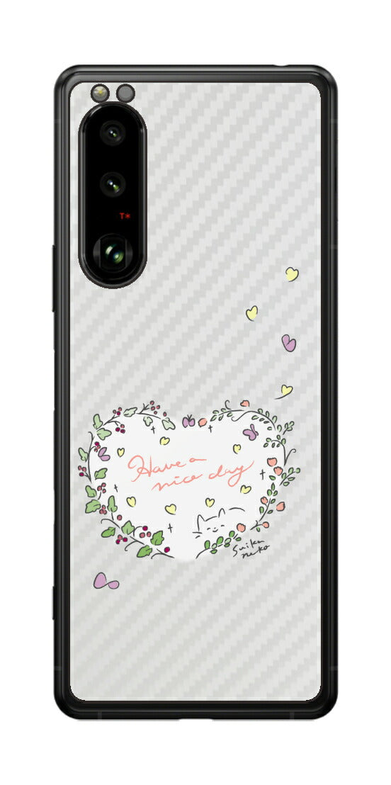 Sony Xperia 5 III用 【コラボ プリント Design by すいかねこ 007 】 カーボン調 背面 保護 フィルム 日本製