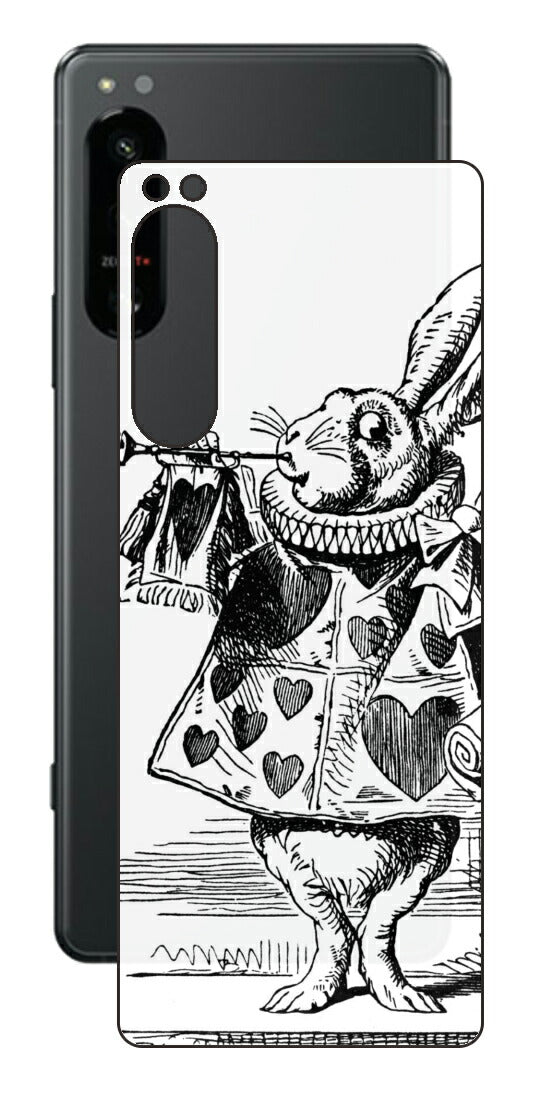 Sony Xperia 5 IV用 背面 保護 フィルム 名画プリント ジョン・テニエル （ John Tenniel ) 白ウサギ(ラッパ)