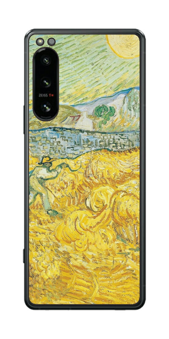 Sony Xperia 5 IV用 背面 保護 フィルム 名画 プリント ゴッホ サンポール病院の後ろの小麦畑と刈り取り機（ フィンセント ファン ゴッホ Vincent Willem van Gogh ）