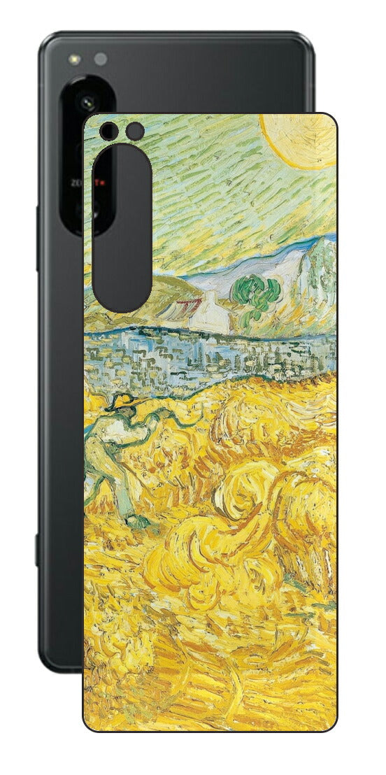 Sony Xperia 5 IV用 背面 保護 フィルム 名画 プリント ゴッホ サンポール病院の後ろの小麦畑と刈り取り機（ フィンセント ファン ゴッホ Vincent Willem van Gogh ）