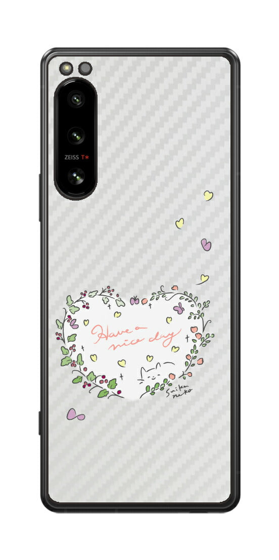 Sony Xperia 5 IV用 【コラボ プリント Design by すいかねこ 007 】 カーボン調 背面 保護 フィルム 日本製